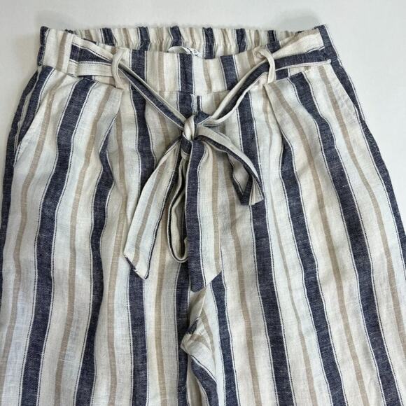 Love Tree Linen Blend Navy Cream Striped Pants Tie Front Size S - Picture 3 of 7